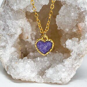 3/$20 14k Gold Purple Glitter Resin Heart Handmade Charm Pendant Necklace